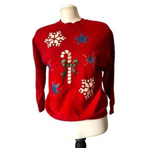 Vintage Handmade Puff Paint Christmas Sweatshirt Sz Medium Womens Red Candy Cane